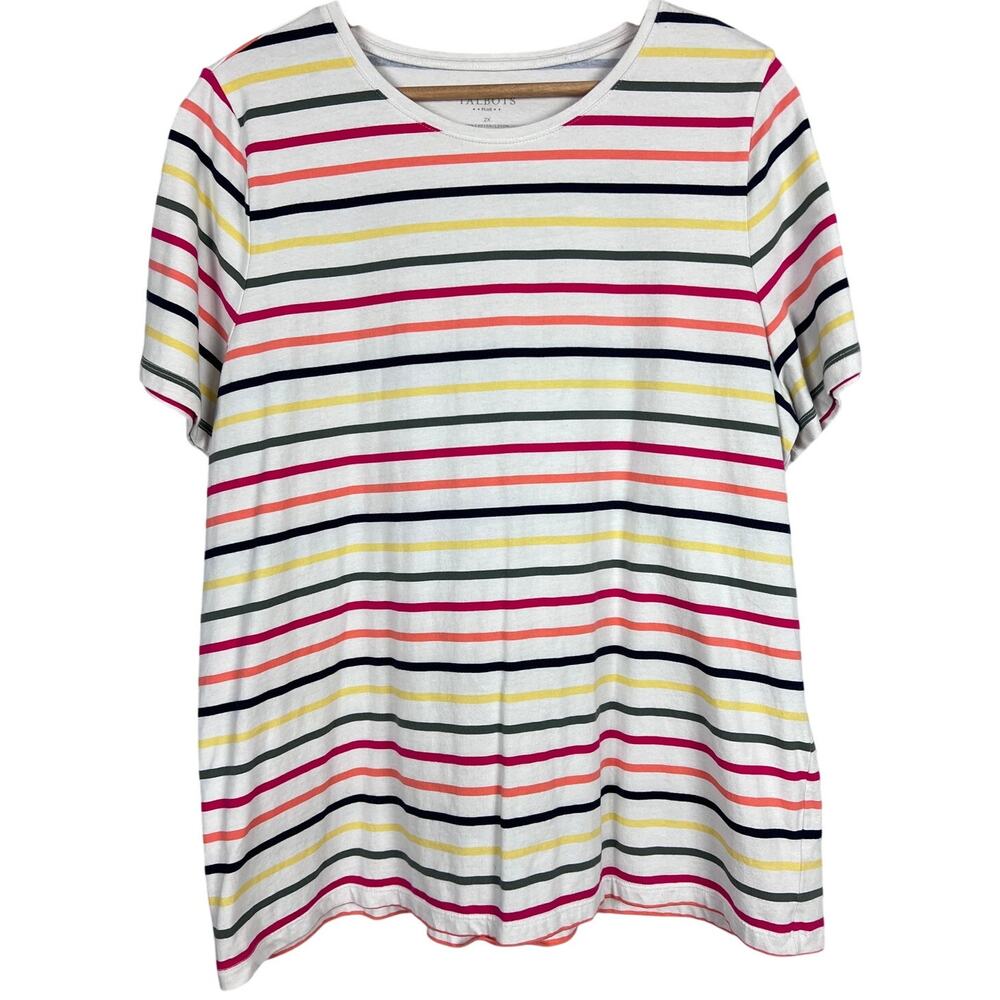 Talbots Womens 2X Preppy Classic Nautical Colorful Rainbow Striped T-Shirt Top